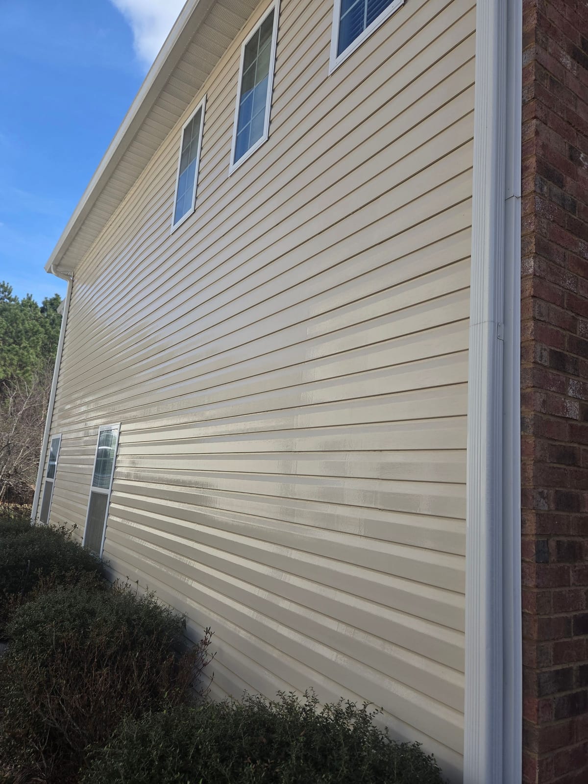 Two-story cream vinyl siding before and after soft washing, after cleaning